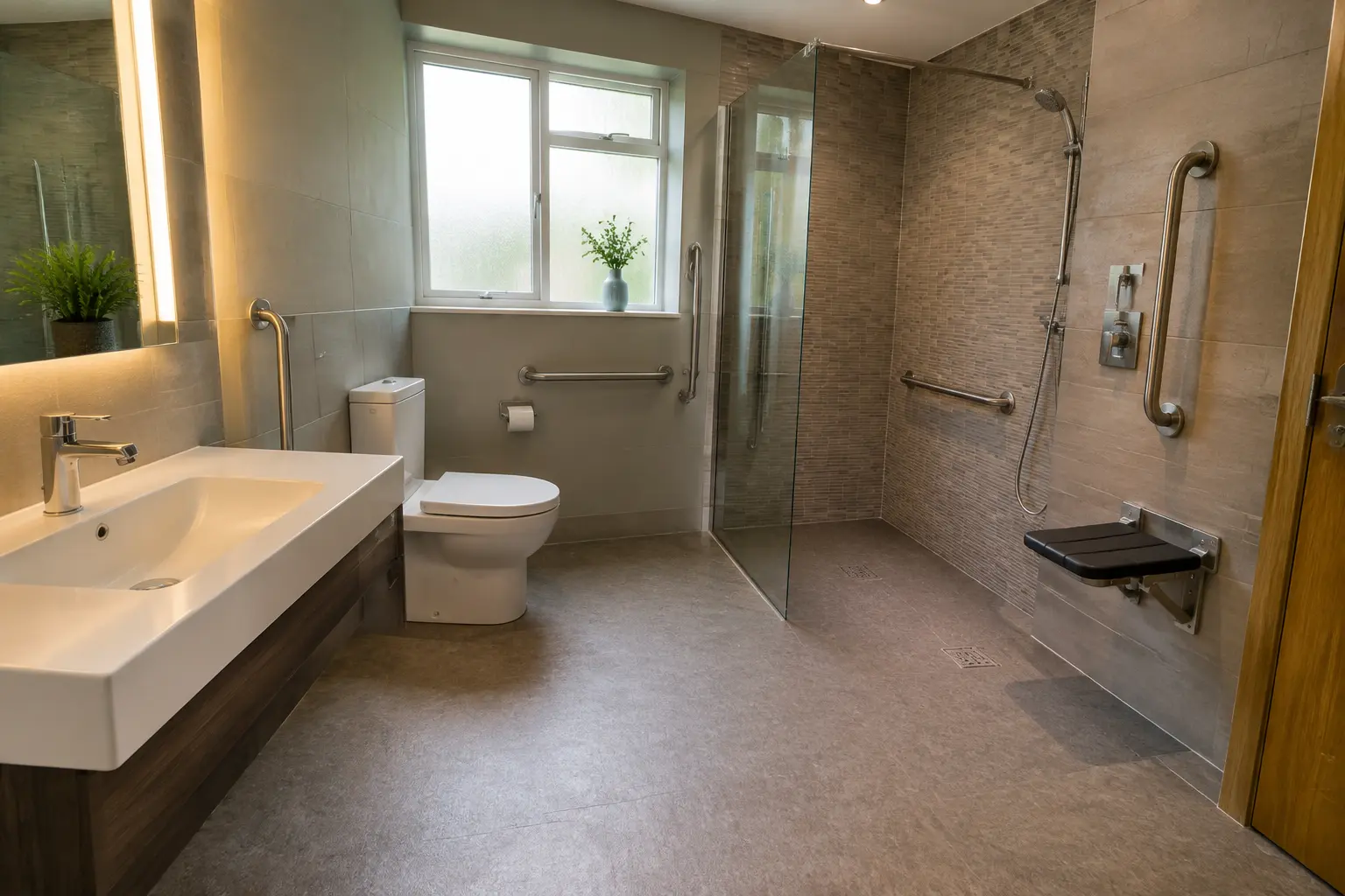 Modern accessible bathroom with shower seat and support rails