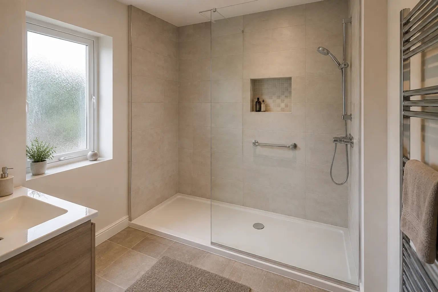 Low-entry shower fitted across the former bath area