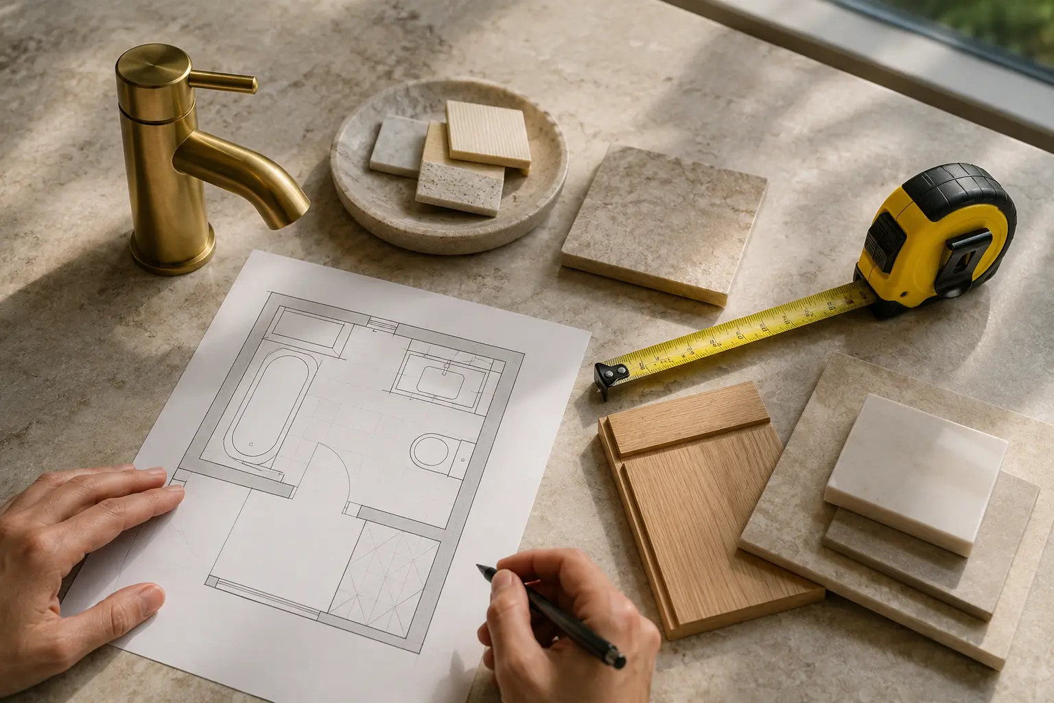 Bathroom plan with tile, timber and brassware samples