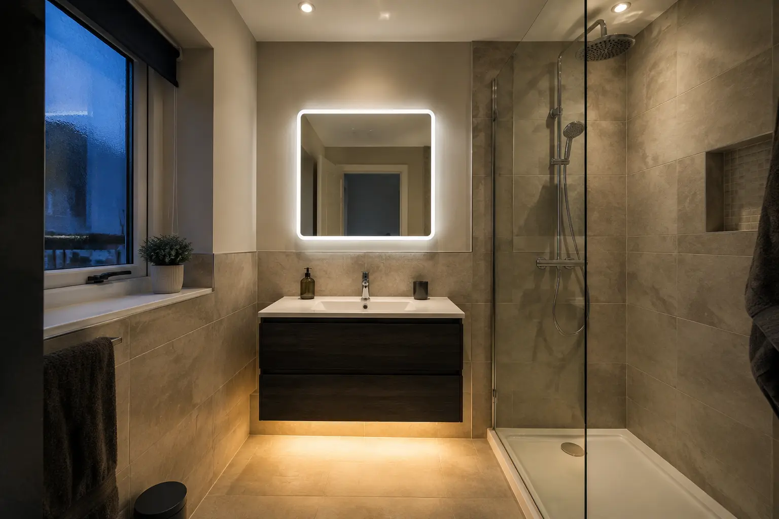 Bathroom with illuminated mirror and warm layered lighting