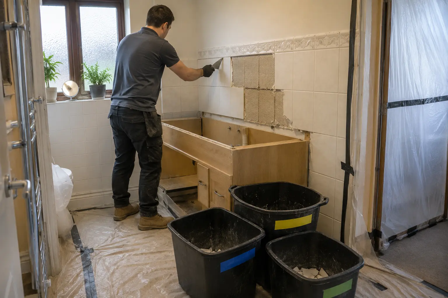 Old bathroom being removed with the doorway and floor protected