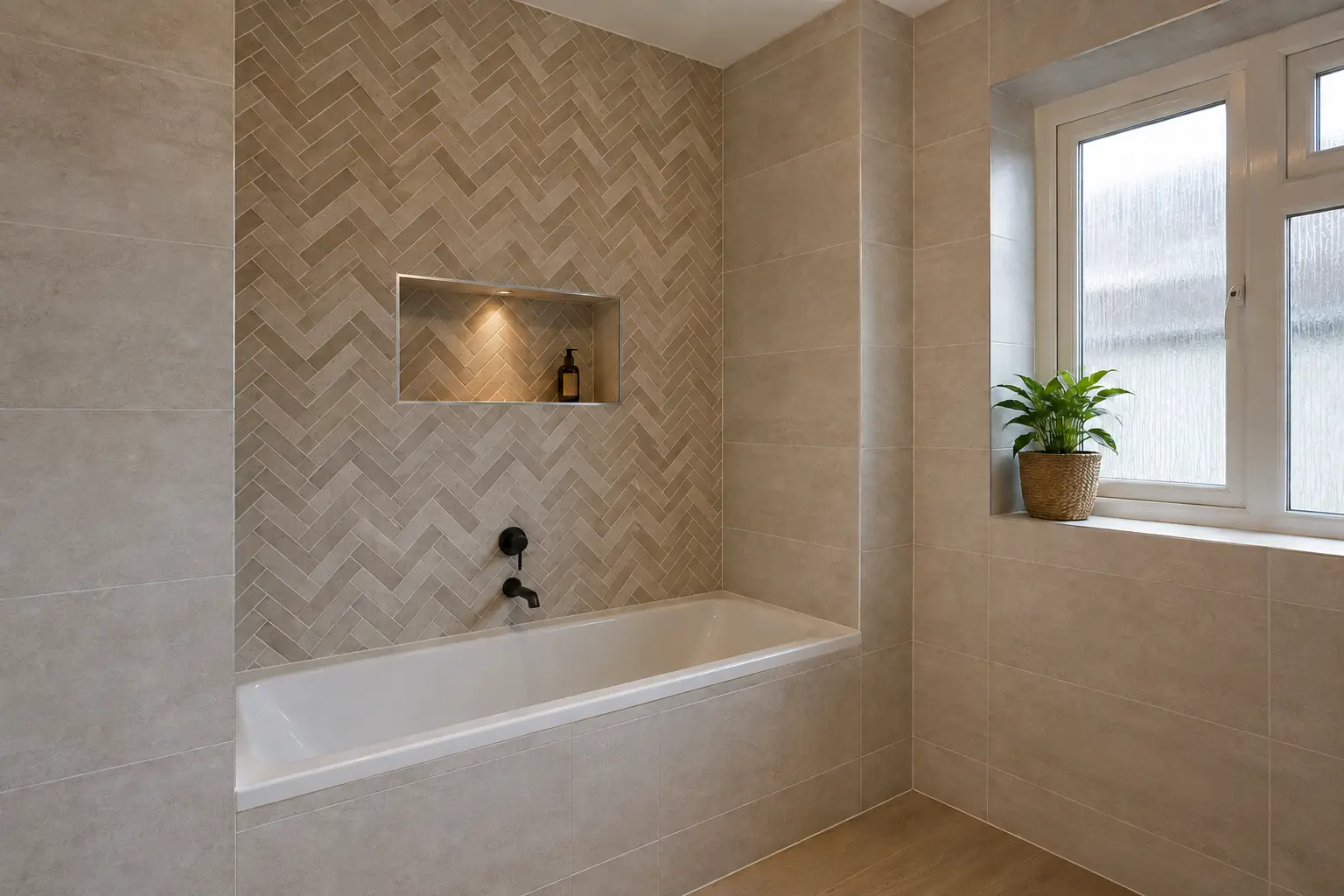 Bathroom with large tiles and a neat herringbone feature wall