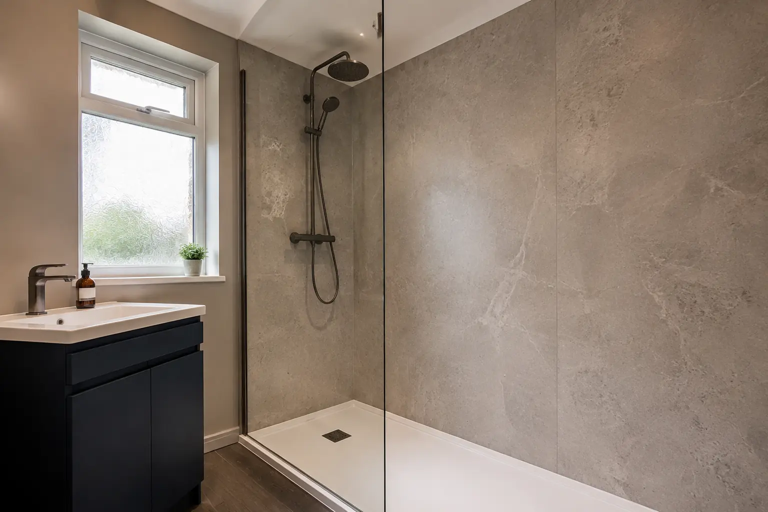 Shower room finished with large stone-effect waterproof wall panels