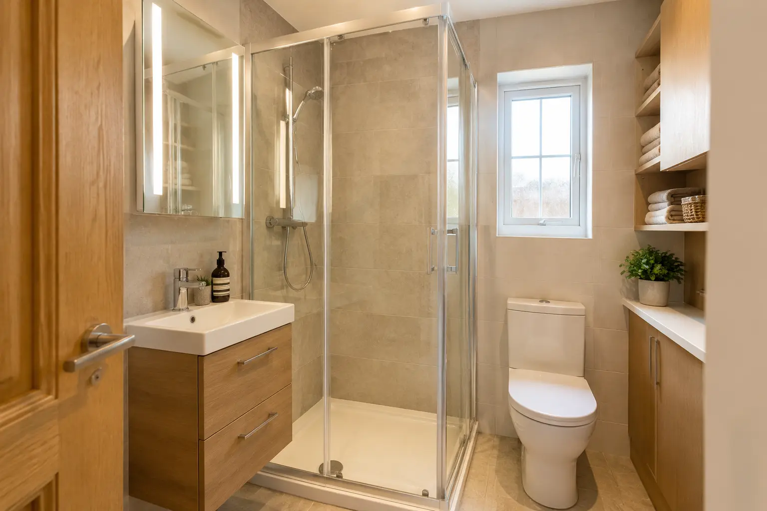 Compact en-suite with shower, vanity and storage