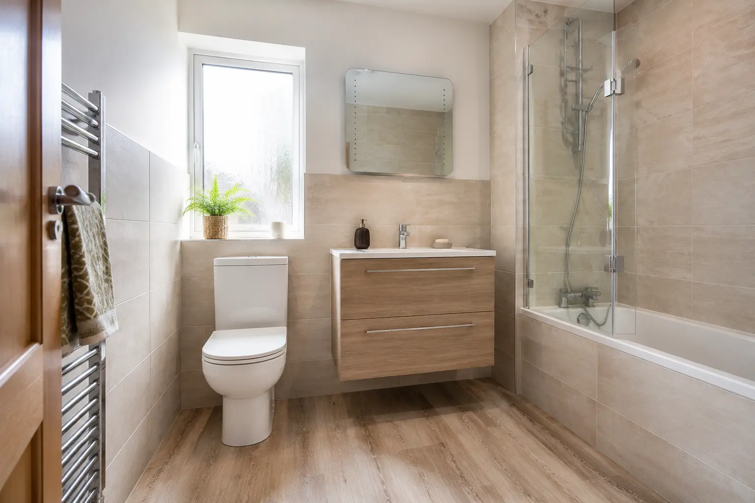 Practical family bathroom with shower bath and storage vanity
