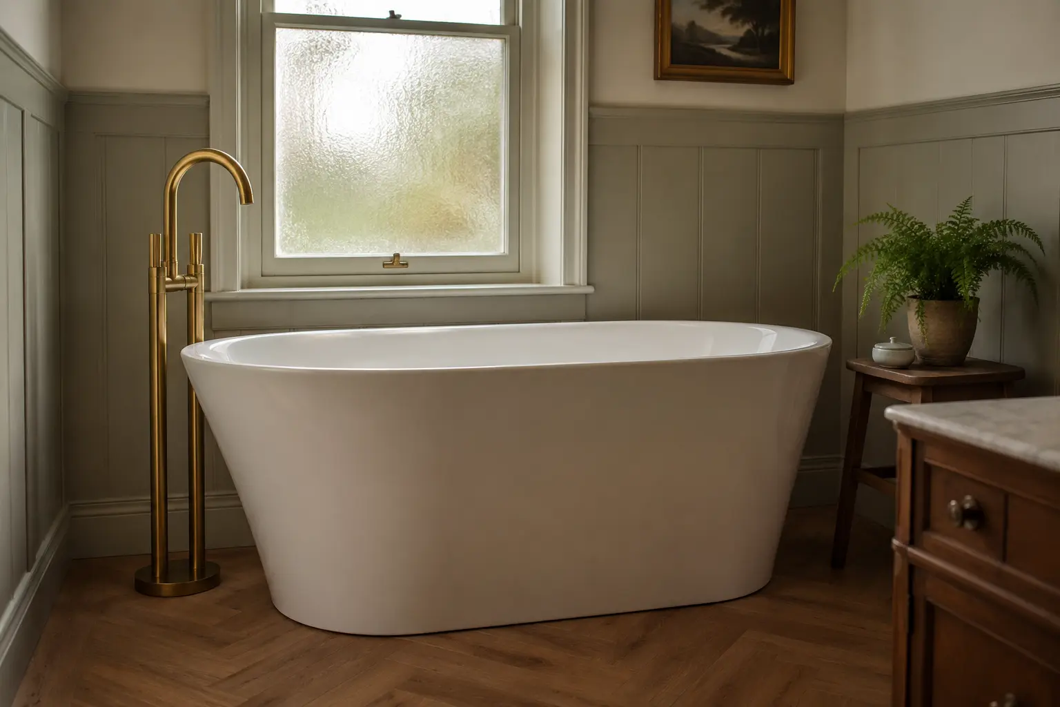 Freestanding bath with brass floor filler and painted panelling