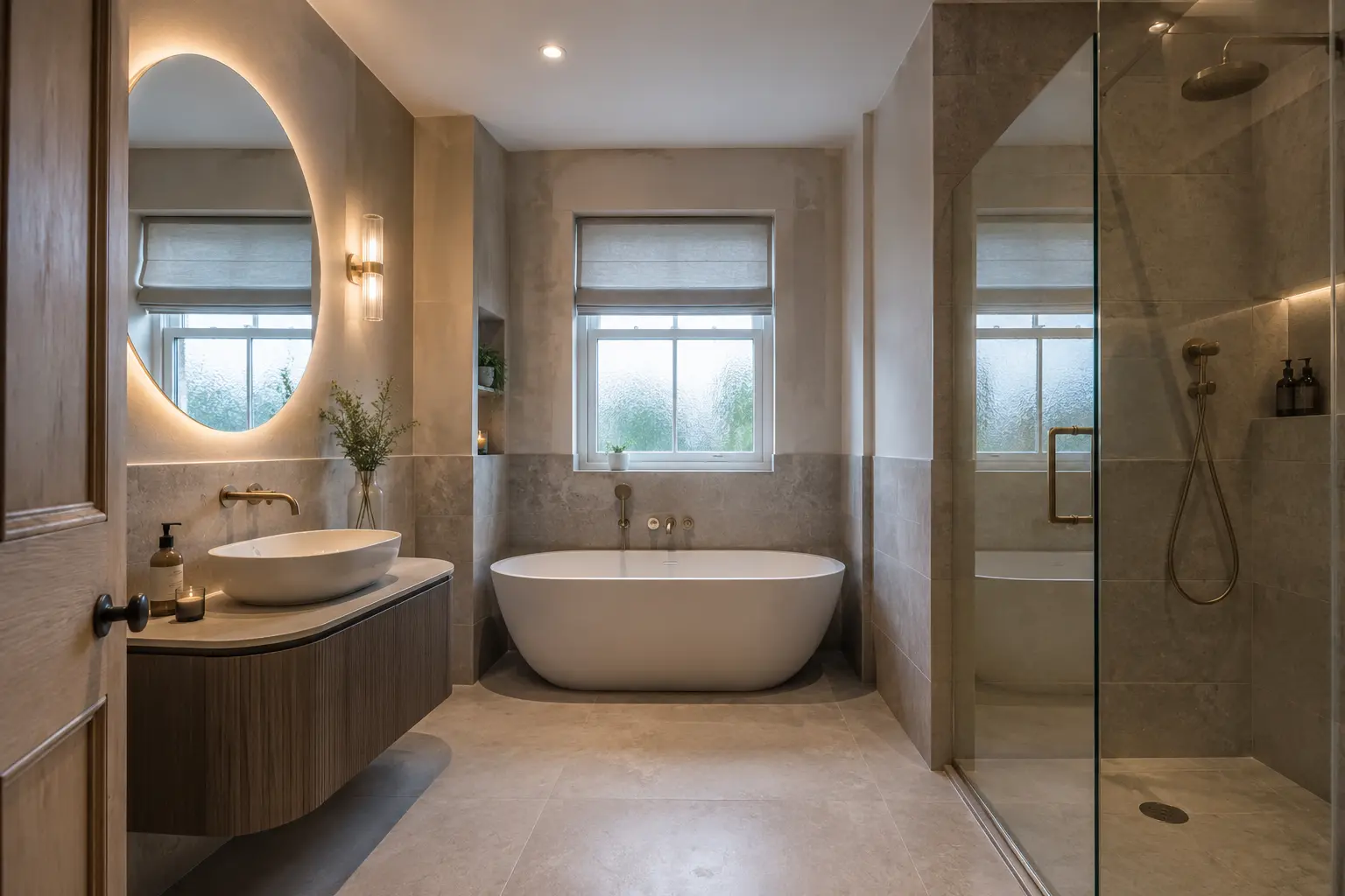 Luxury bathroom with freestanding bath and separate shower