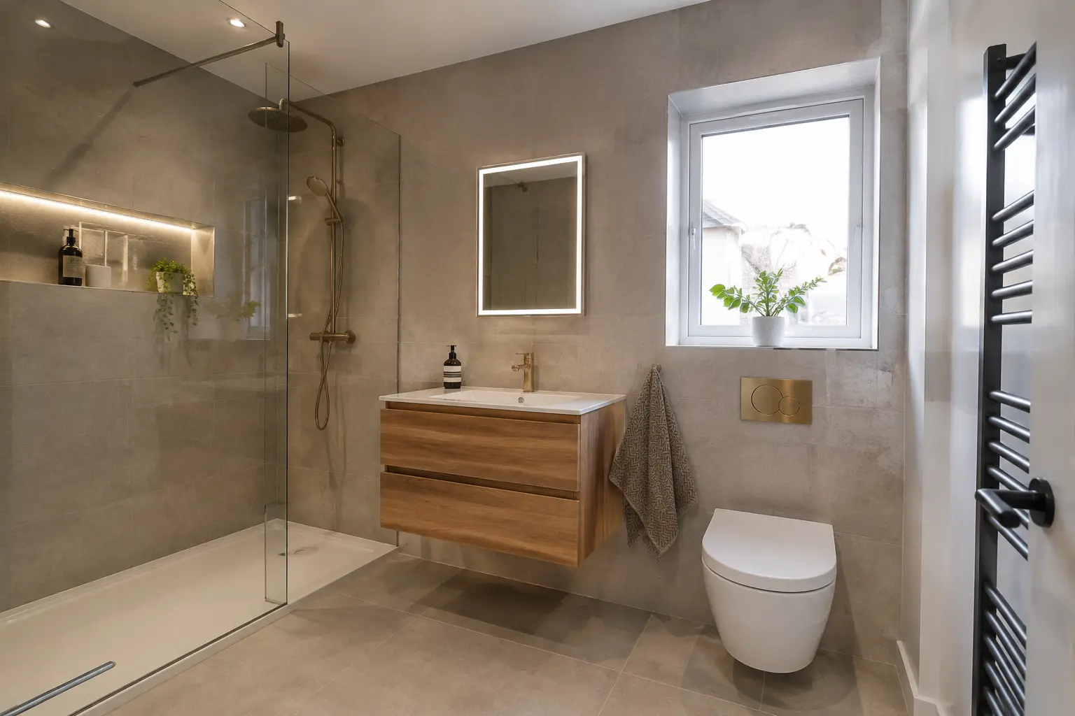 Contemporary bathroom with floating vanity and open shower