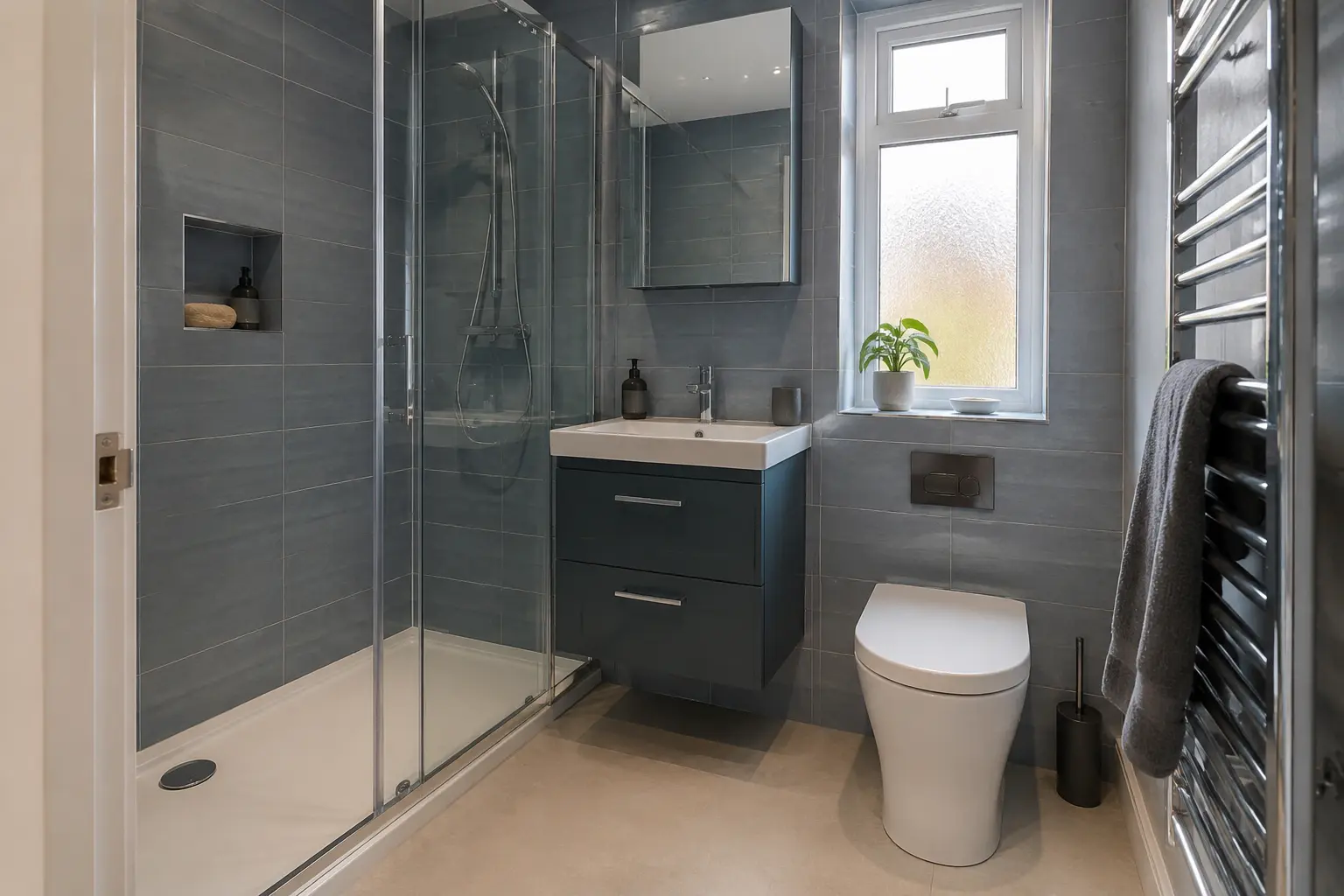 Blue-grey shower room with enclosure, vanity and toilet