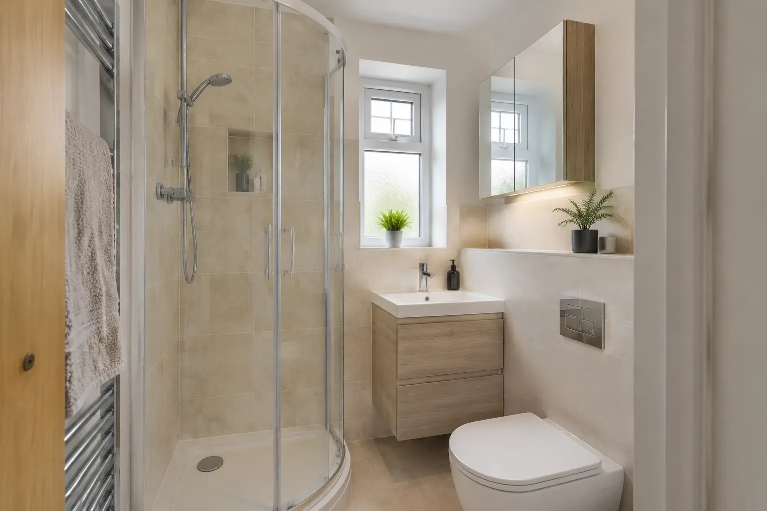 Compact bathroom with corner shower and fitted storage