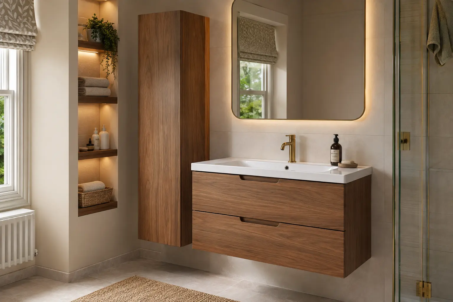 Walnut vanity, tall cabinet and useful bathroom storage