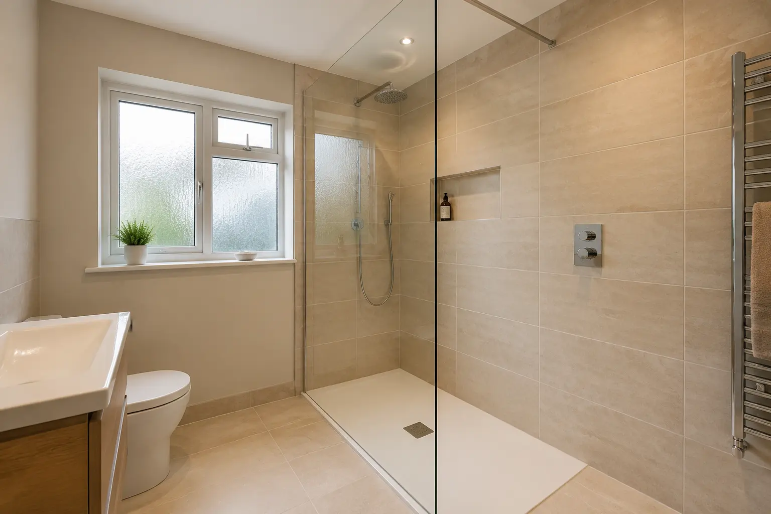Warm neutral bathroom with a spacious walk-in shower