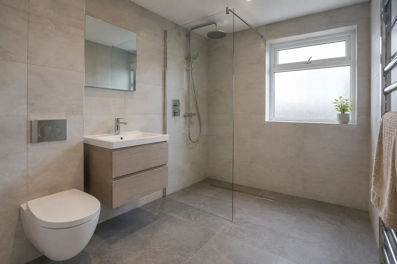 Level-access tiled wet room with clear glass screen
