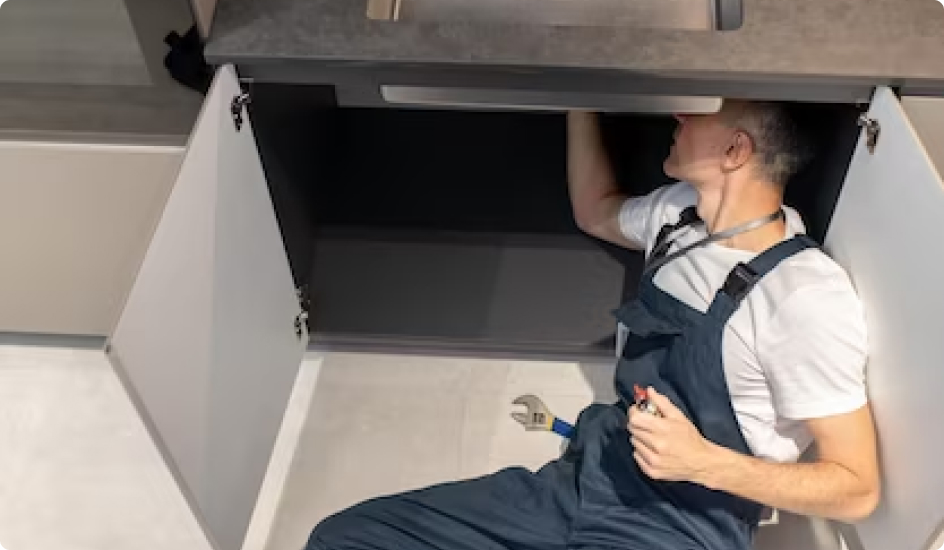 Bathroom fitter working beneath a vanity unit